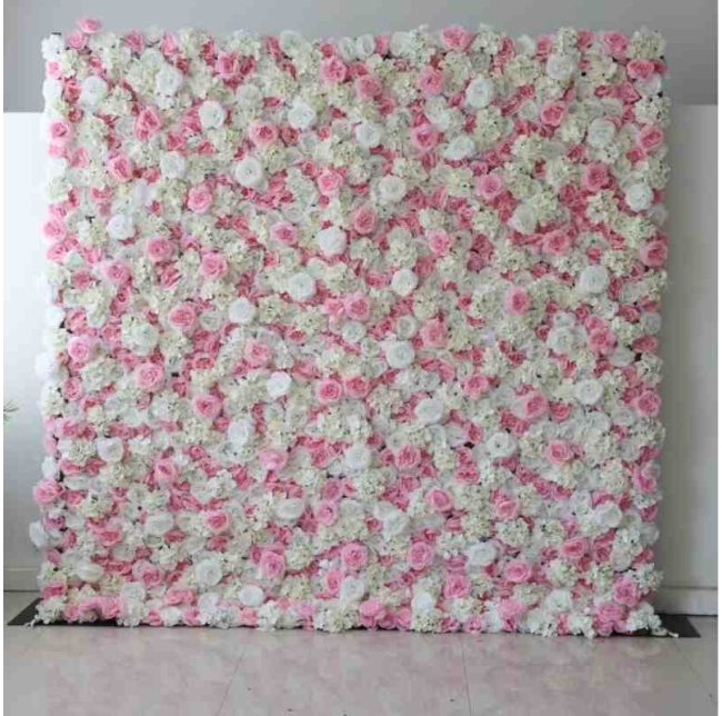 Artificial white and pink rose and hydrangea wall