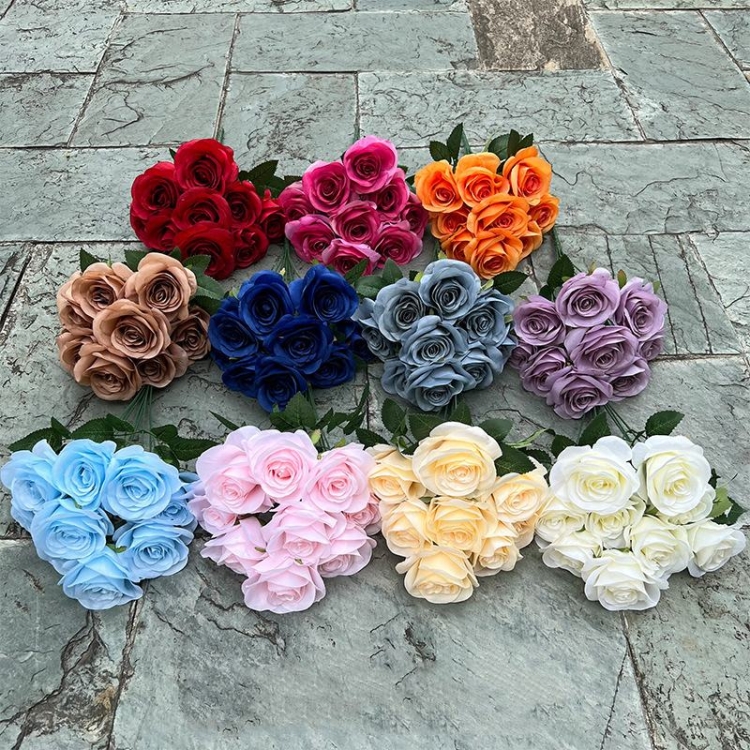 Artificial roses in various colors with nine blooms