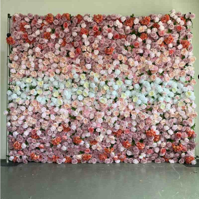Artificial roses and hydrangeas wall in a gradient from pink to purple