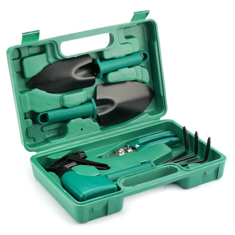 A five-piece gardening tool set includes a shovel, pruning shears, a spray bottle, and a rake