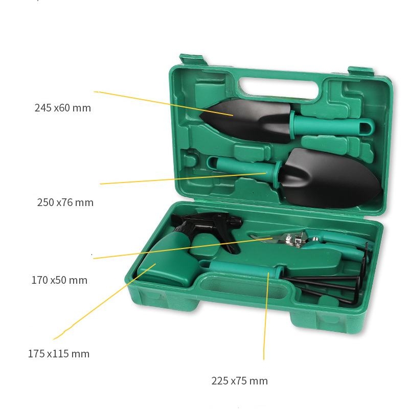 A five-piece gardening tool set includes a shovel, pruning shears, a spray bottle, and a rake