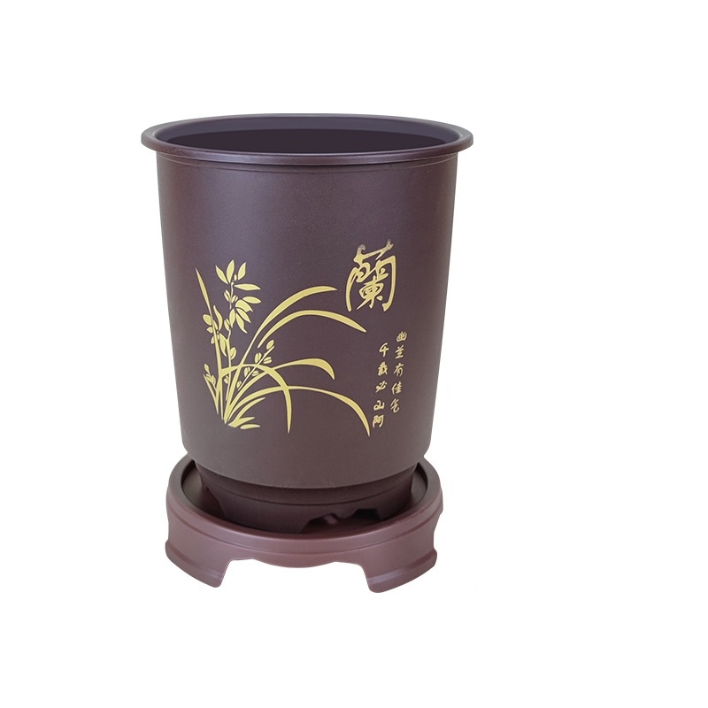 Imitation Zisha clay cylindrical plastic flower pot with printed lettering