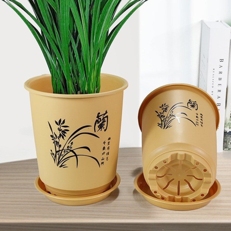 Imitation Zisha clay cylindrical plastic flower pot with printed lettering
