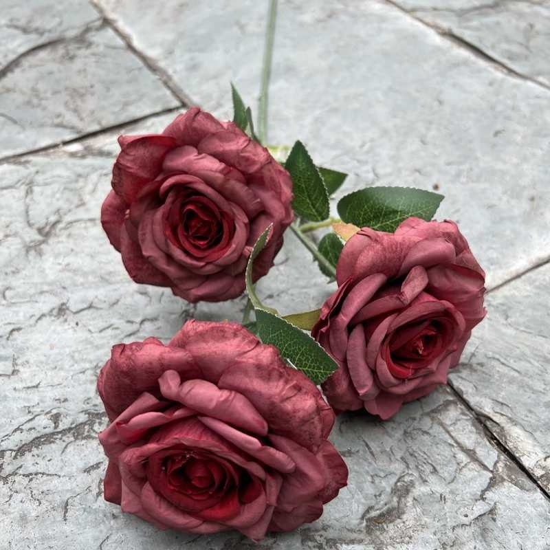 Artificial roses with three blooms and curled edges