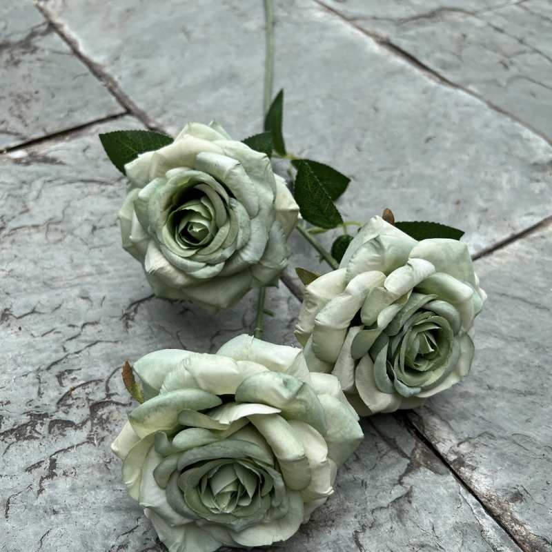 Artificial roses with three blooms and curled edges