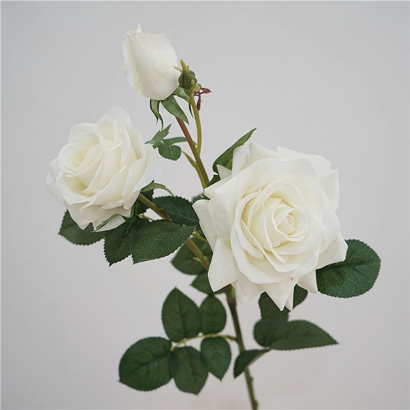 Soft-touch artificial rose with three blooms