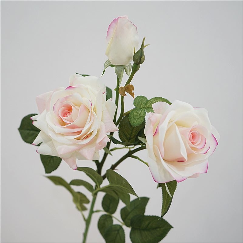 Soft-touch artificial rose with three blooms