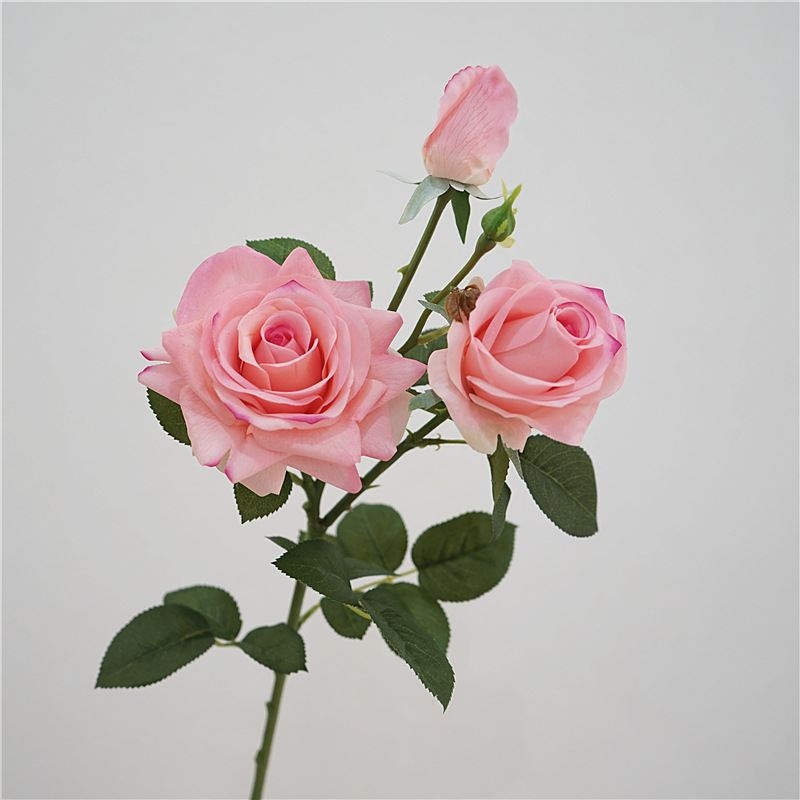 Soft-touch artificial rose with three blooms