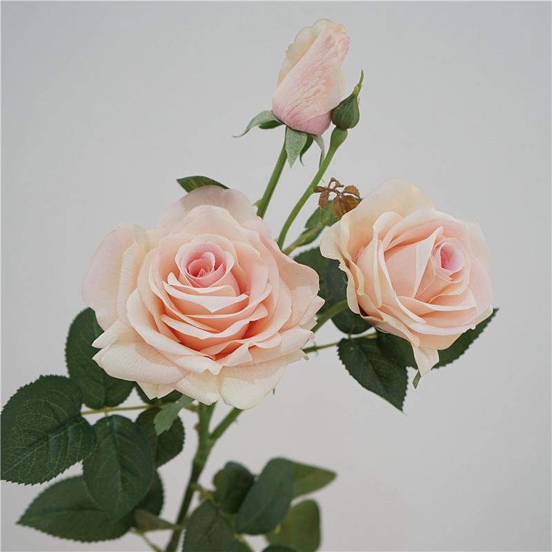 Soft-touch artificial rose with three blooms