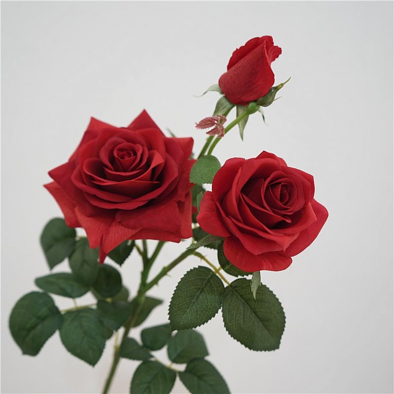 Soft-touch artificial rose with three blooms