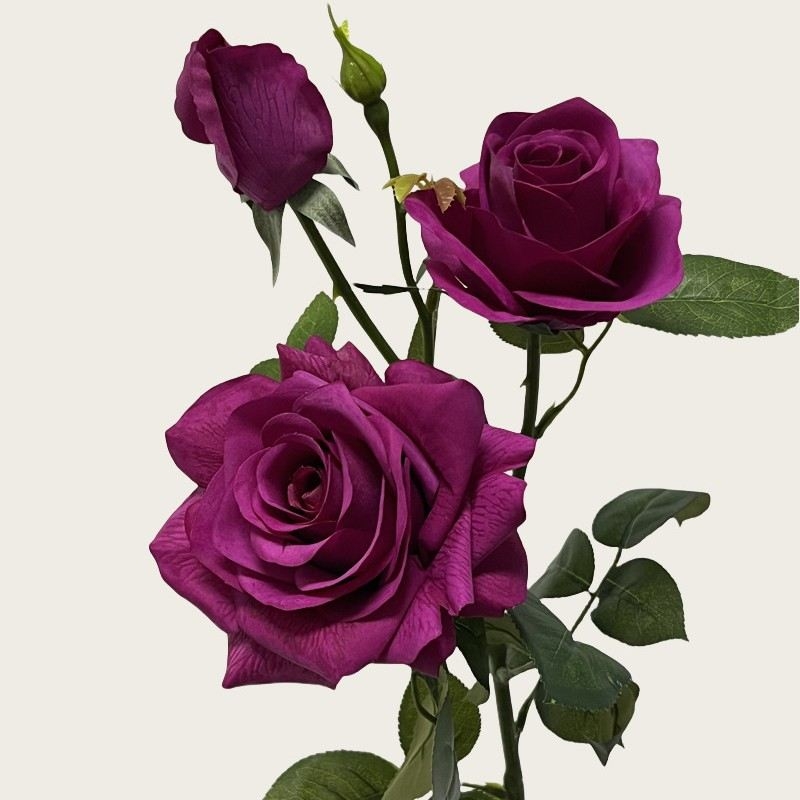Soft-touch artificial rose with three blooms